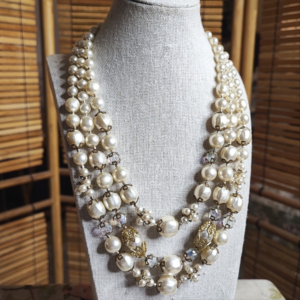 Three 3 Strand Faux Pearl Gold Tone Collar Necklace Clear AB Beads Japan Clasp